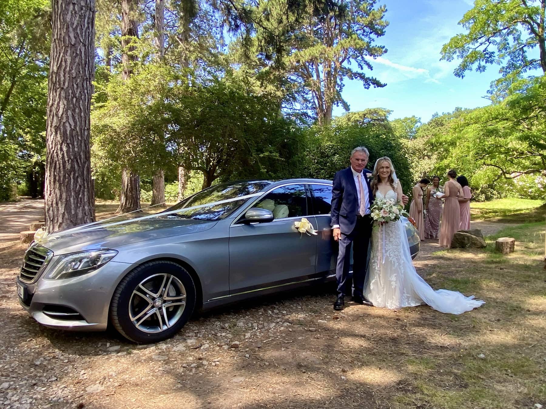 Our Mercedes S Class with the Bride and her Father on a recent Wedding Car Hire in Derby