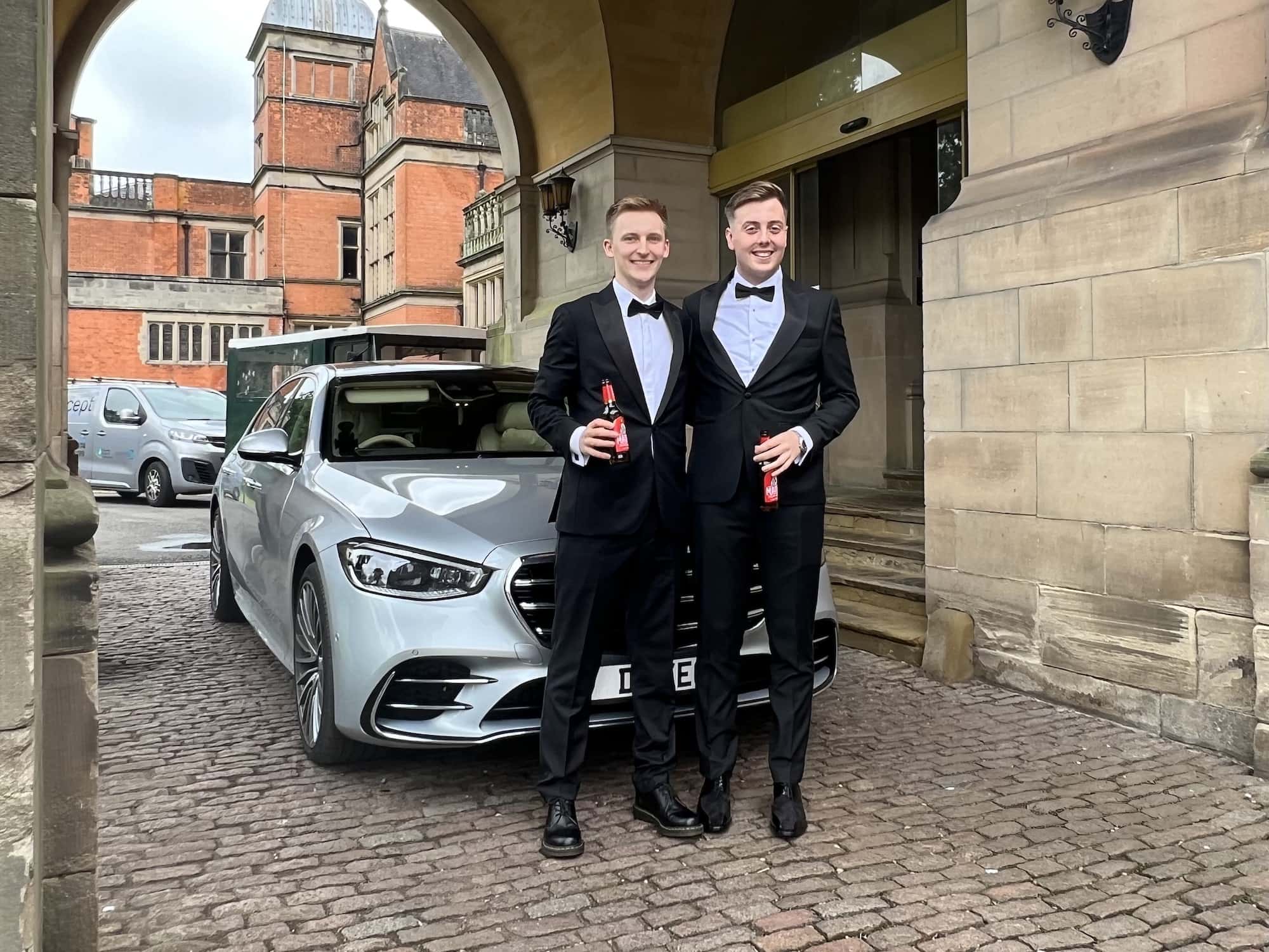Groom and Best man in front of A52 Cars Mercedes S Class in Derbyshire