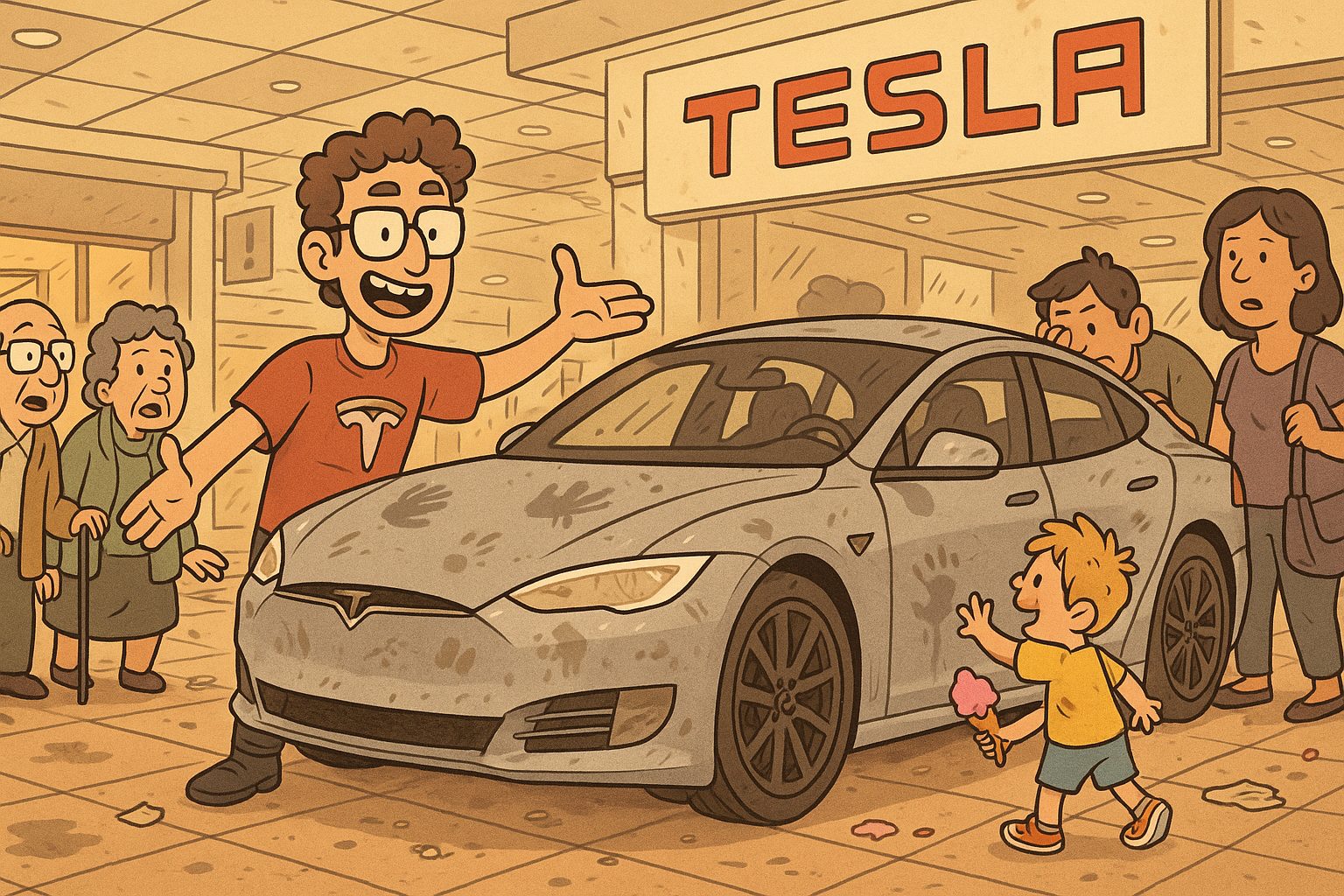 an AI generated cartoon image of a tesla show toom in a shopping centre with dirt cars and children and shoppers looking at it