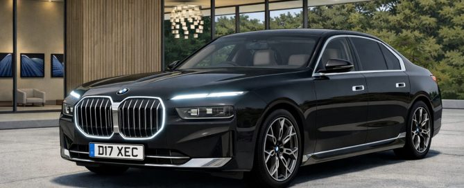 A Black BMW i7 in front of a smart house