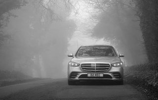 Mercedes S Class pictured in the mist and fog in the peak district