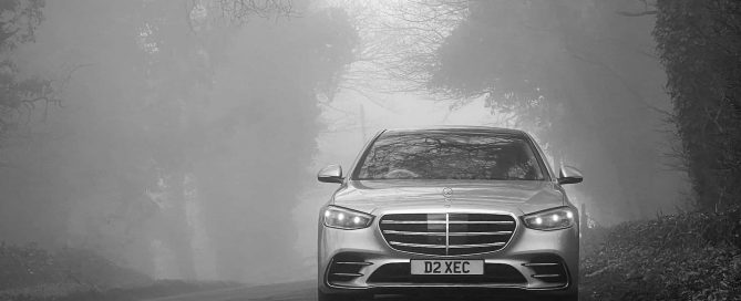 Mercedes S Class pictured in the mist and fog in the peak district