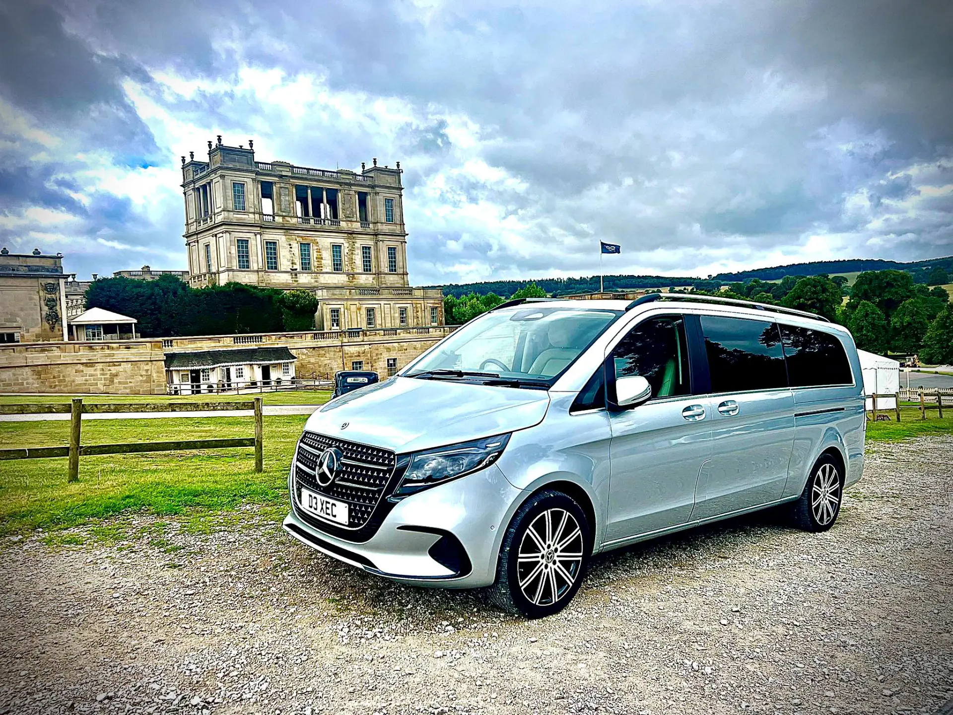 Mercedes V-Class chauffeur vehicle parked near Chatsworth House in Derbyshire