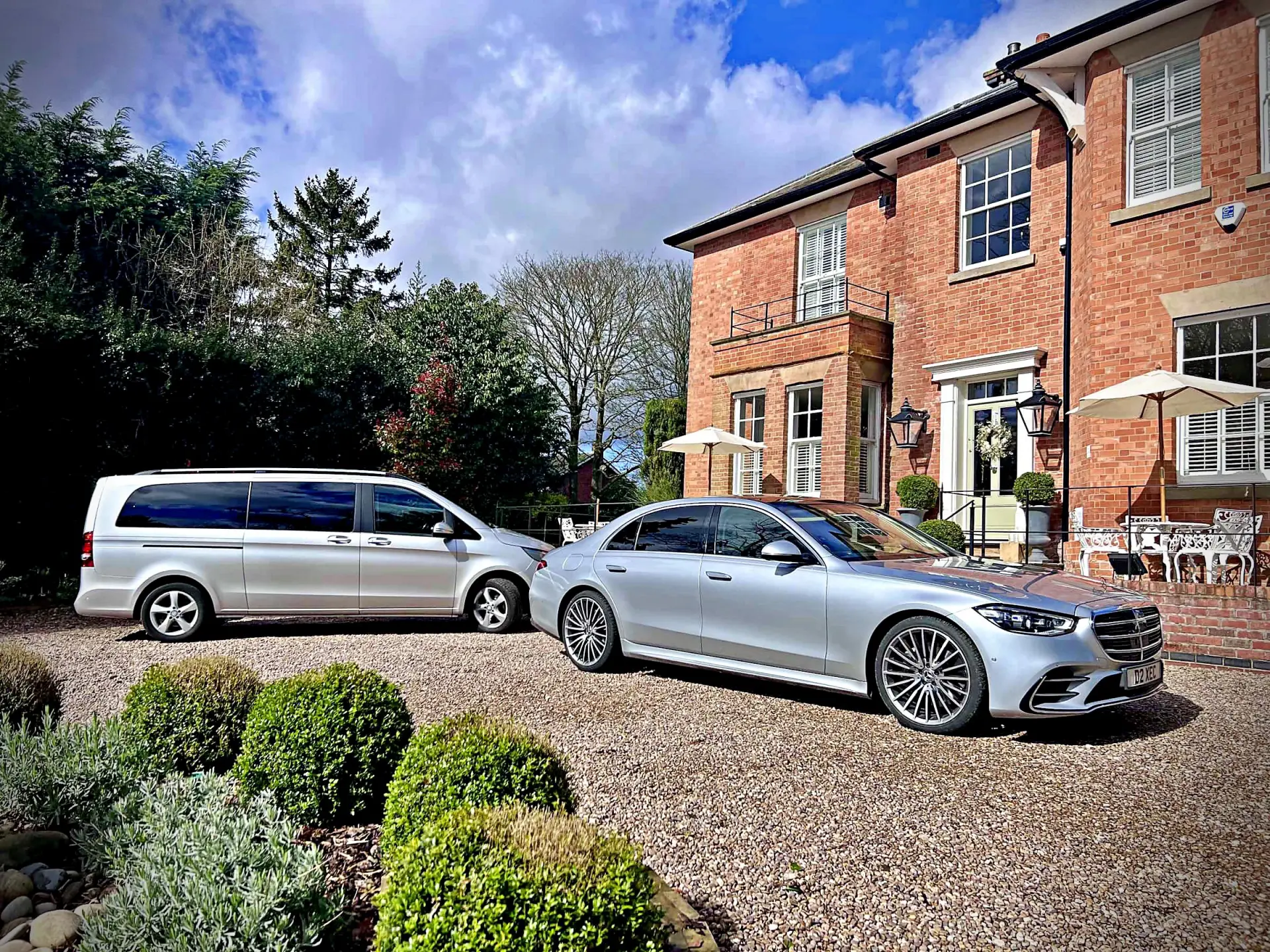 Mercedes chauffeur vehicles arriving at private residence in Derbyshire