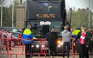 Derby County team coach arriving at Pride Park Stadium before a football match