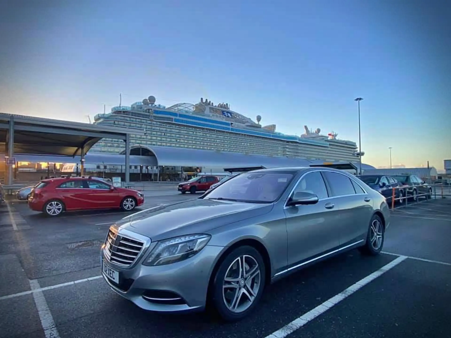 Mercedes S Class chauffeur car at Southampton cruise terminal for executive transfer from Derby