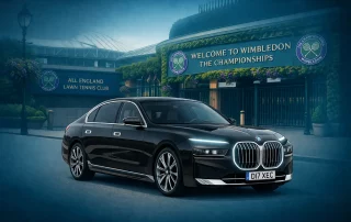 BMW i7 luxury chauffeur vehicle outside Wimbledon Championships for Derby chauffeur travel