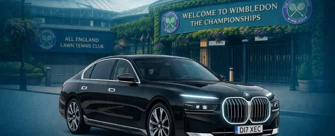 BMW i7 luxury chauffeur vehicle outside Wimbledon Championships for Derby chauffeur travel