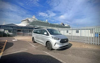 Executive MPV chauffeur vehicle at Southampton cruise terminal for family cruise transfer from Derby